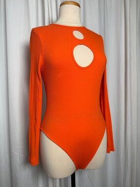 Topshop Orange Ribbed Cutout Long Sleeve Bodysuit